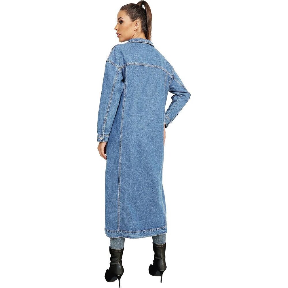 Plus Size Denim Trench Coat Women's Long Sleeve Button-Down Overknee - Picture 2 of 6